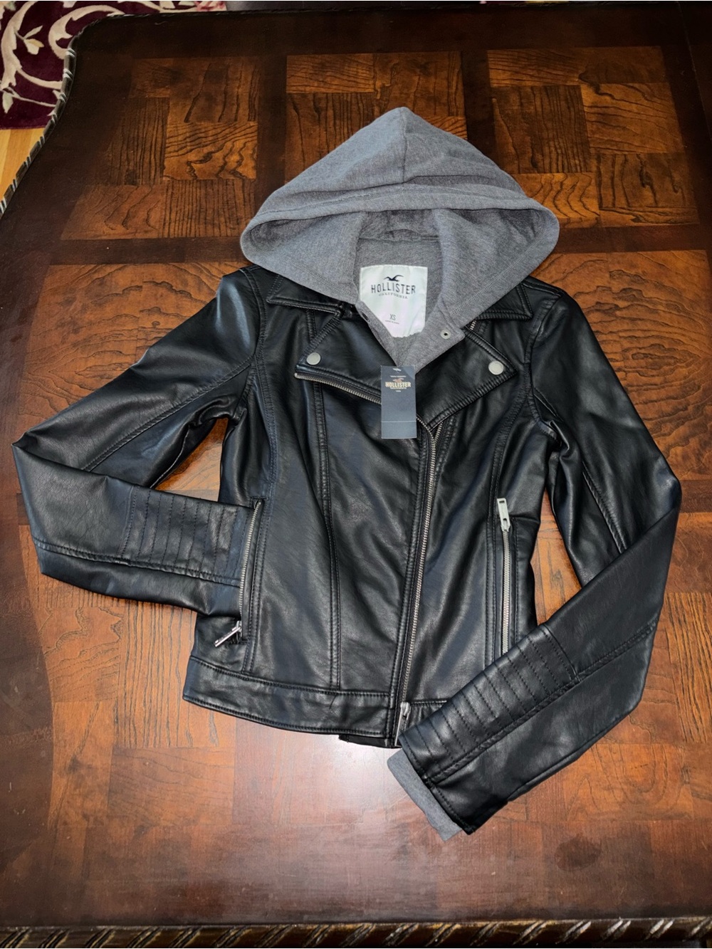Hollister Black Faux Leather Hooded Moto Jacket with Gray Hood